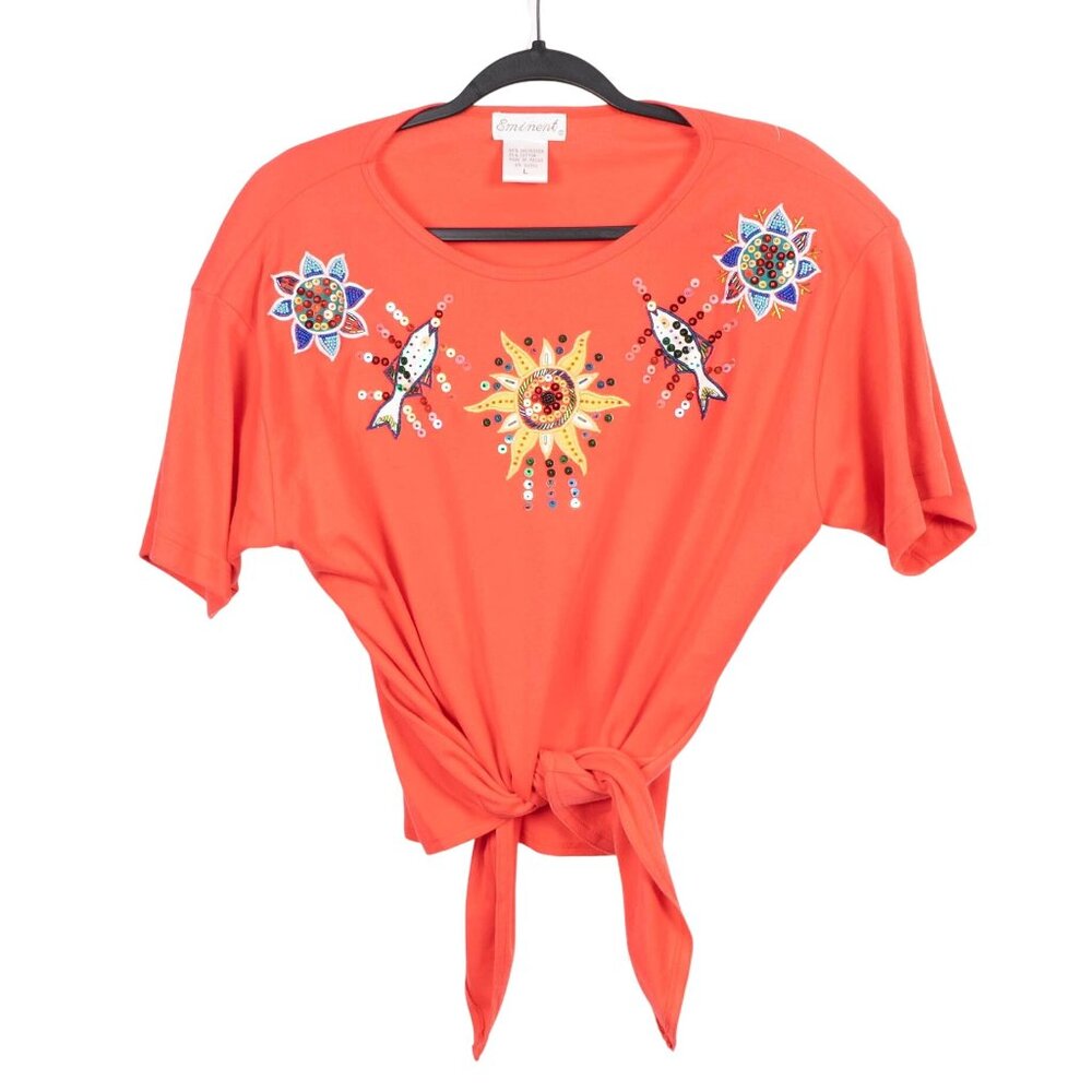 VTG Embroidered Shirt L 90s 80s Coral Tie Front Sun Fish Beads Sequin Boho Short